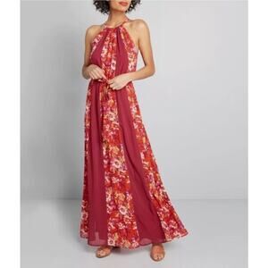 ModCloth Illuminated Elegance Maxi Dress Large Floral Panel Belted Halter Dress